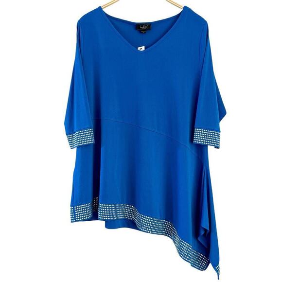 BELLDINI Top size 2X Cerulean Blue Asymmetrical V Neck Gold Bling Stretch NWT - Picture 1 of 6